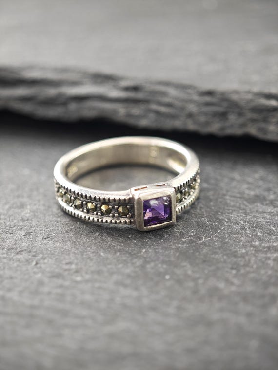 Vintage Stackable Silver Ring Amethyst Marcasite … - image 3