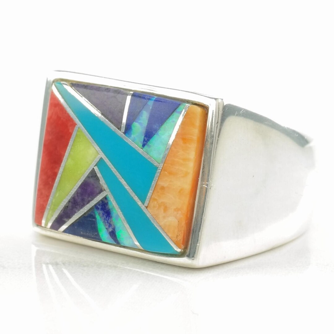 Vintage Sterling Silver Inlay Ring, Size 11 1/2, Turquoise, Opal, Multi ...