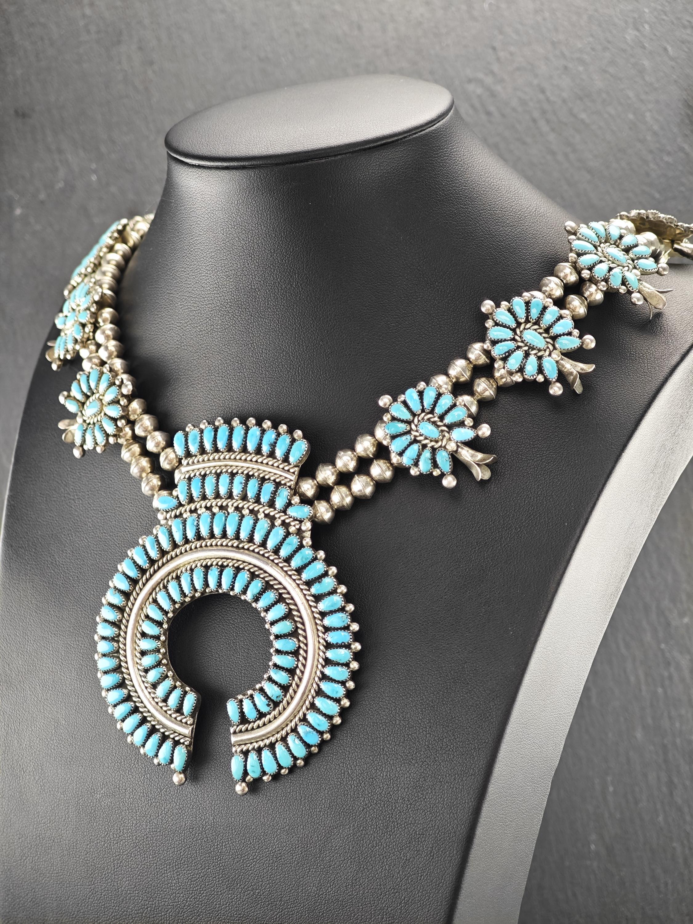 Historic Alice Quam, Zuni, Native American Squash Blossom Necklace