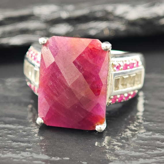 Faceted Ruby Corundum Ring Sterling Silver Sz 7 - image 1