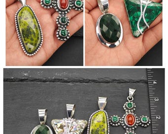 ヴィンテージグリーンジェムストーンペンダント（スターリングシルバー