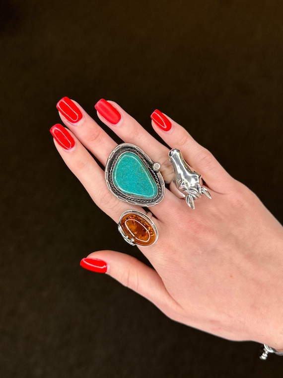 Amber Statement Ring: Sterling Silver Oval Swirl … - image 2