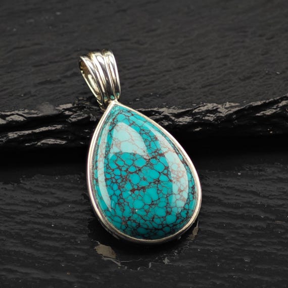 WK Spiderweb Turquoise Teardrop Pendant Sterling Silver