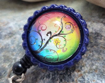 Navy Bottlecap & Rainbow Tree Print - Retractable Badge ID Holder - Teacher / Nurse / X-ray / Travel / Transportation / Social Worker