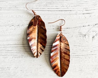 Leaf-Shaped Textured Torch-Cured Copper Earrings with a Twisted Swirl / Handmade / Gift for Her / Hand-Hammered/ Hand-Designed