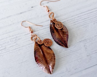 Leaf-Shaped Textured Torch-Cured Copper Earrings with a Twisted Swirl / Handmade / Gift for Her / Hand-Hammered/ Hand-Designed
