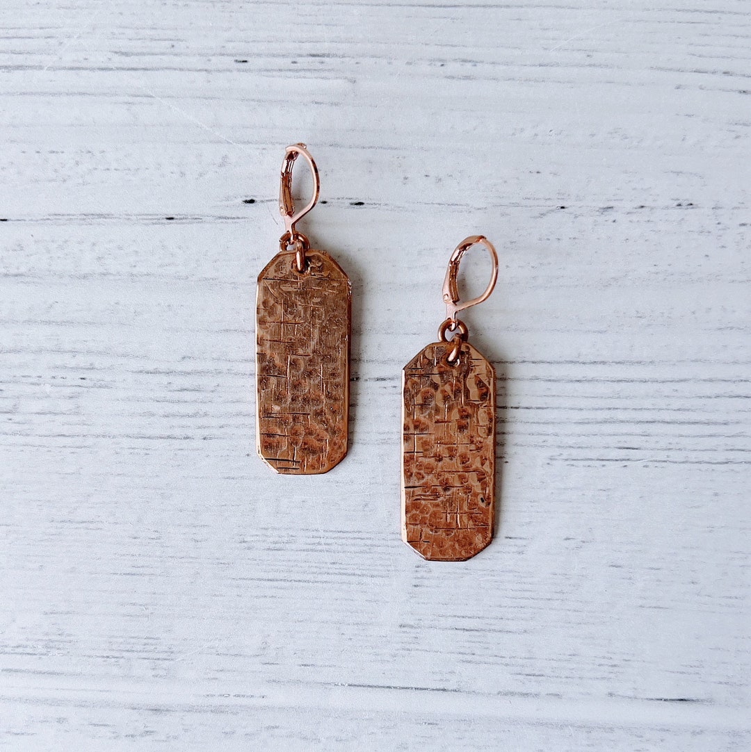 Rectangular Rounded Earrings Rounded Rectangle Copper Textured Earrings // Handmade // Copper ...