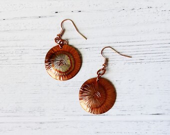 Mountain Stamp Circle Textured Torch Colored Copper Earrings //Handmade// Gift for Her // Copper Jewelry