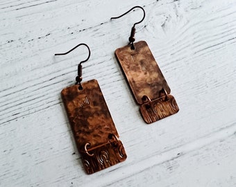 Rectangle Textured Copper Earrings with Hanging Piece and Stamps / Handmade / Gift for Her / Hand-Hammered/ Hand-Designed