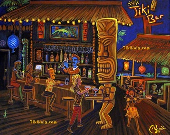 CBjork TikiHula.com  Tiki Beach Bar 8x10 PRINT Tiki Bar Lounge Cocktails