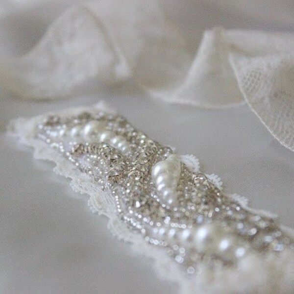 Giarrettiera da sposa | Pizzo avorio | Pearl e Silver Bead/Perle/strass abbellimento del seme | Sposa Accessori