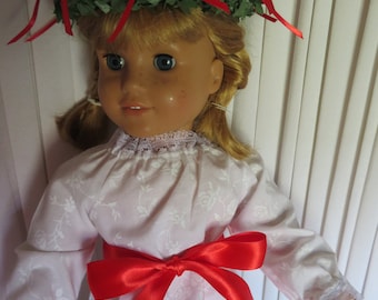 St. Lucia Costume for 18" Doll (American Girl) size includes Dress/Tunic,  Red Sash, and Candle Wreath ~ Handmade
