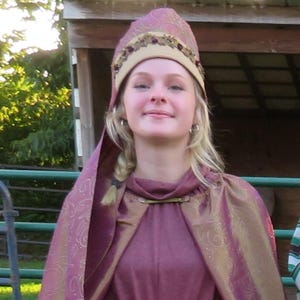 St. Hedwig Costume -Patron for WYD-Poland 2016 w/Bronze/iridescent Purple Cape w/ Train, Turban/Crown & Heather Burgundy Ornate Trimmed Gown