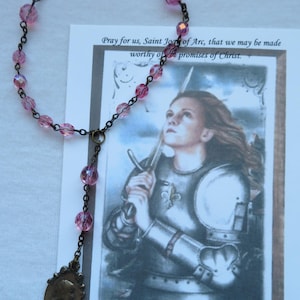 St. Joan of Arc Chaplet w/ Czech Glass Beads and Bronze St. Joan Medal w/ Lorraine Cross on the back--October Rose Birthstone-ready to ship