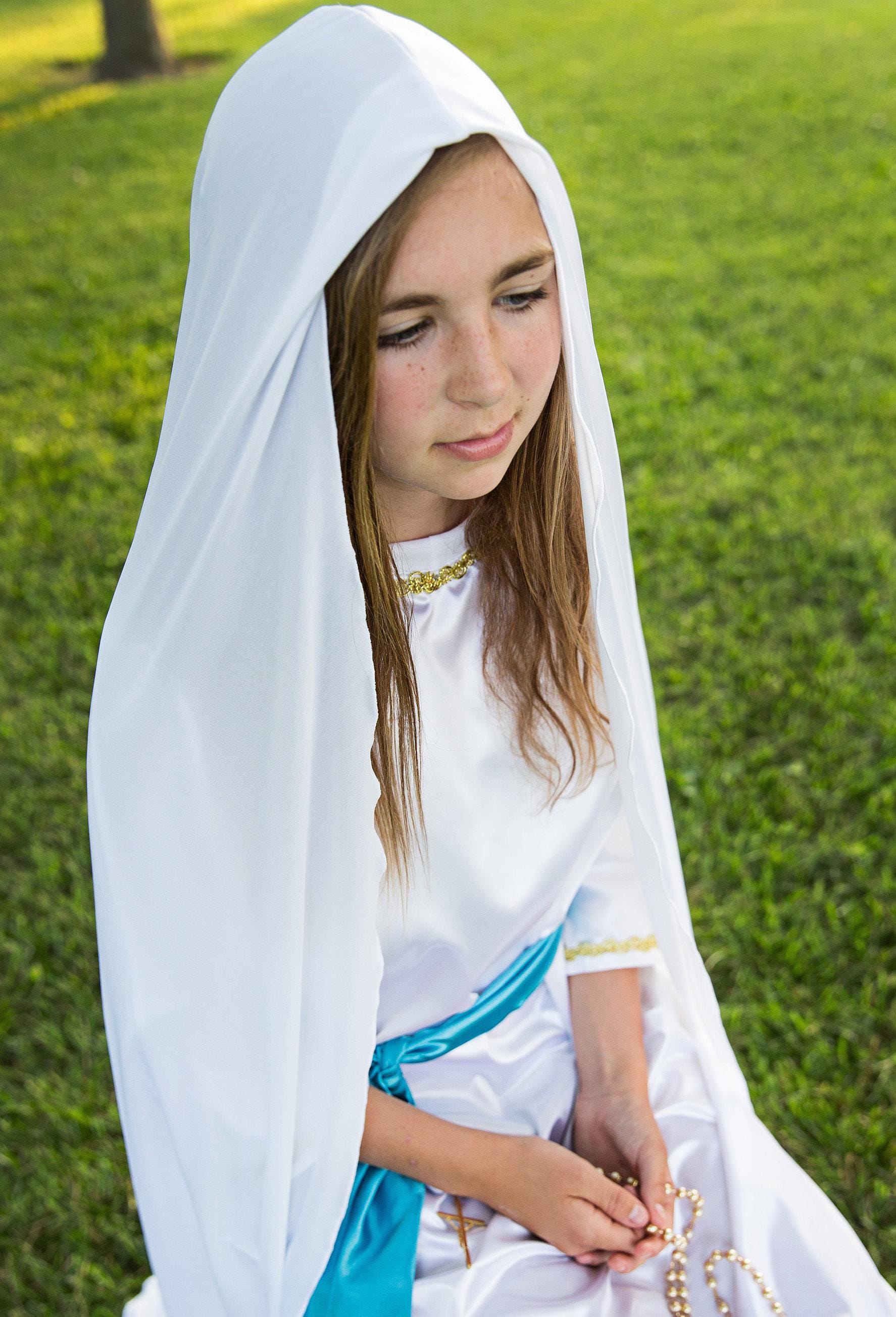 Our Lady of Lourdes Costume: Hooded Cape, Full Length White Gown