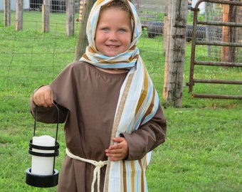 Shepherd Costume in Brown with cord Sash and Multi-color Striped Head covering/Wrap
