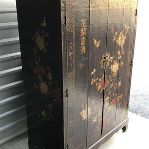 Chinoiserie Furniture Cabinet Hand Painted Asian lacquer cabinet Vintage Chinese ornate cupboard with gold red chrysanthemums media console image 2