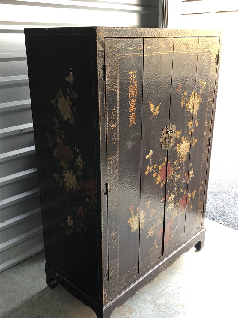 Chinoiserie Furniture Cabinet Hand Painted Asian lacquer cabinet Vintage Chinese ornate cupboard with gold red chrysanthemums media console image 2