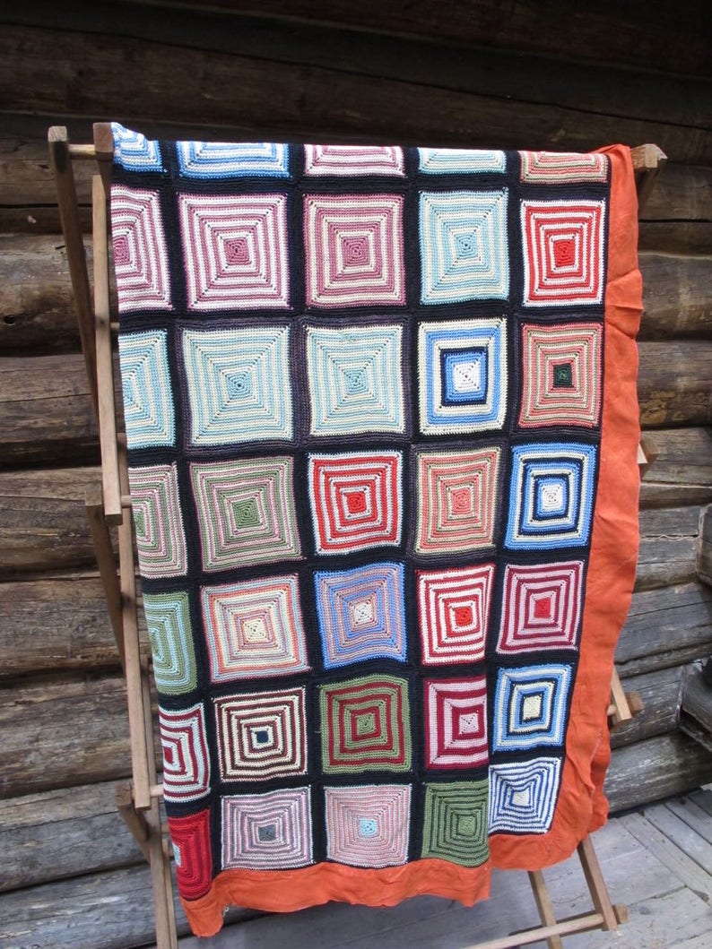 Modernist Crochet Coverlet Mid Century Bauhaus Bedspread Boho Crochet Colorful Blanket Geometric Multi Color 70's Throw Bohemian Decor image 2