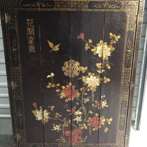 Chinoiserie Furniture Cabinet Hand Painted Asian lacquer cabinet Vintage Chinese ornate cupboard with gold red chrysanthemums media console image 1