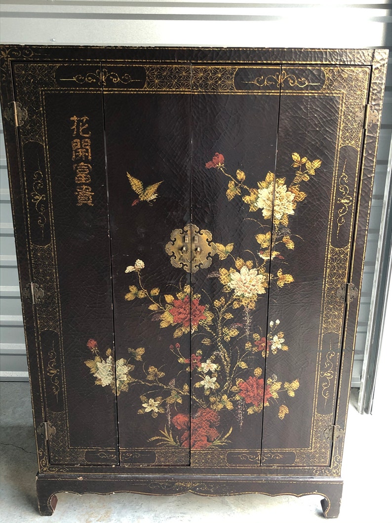 Chinoiserie Furniture Cabinet Hand Painted Asian lacquer cabinet Vintage Chinese ornate cupboard with gold red chrysanthemums media console image 1