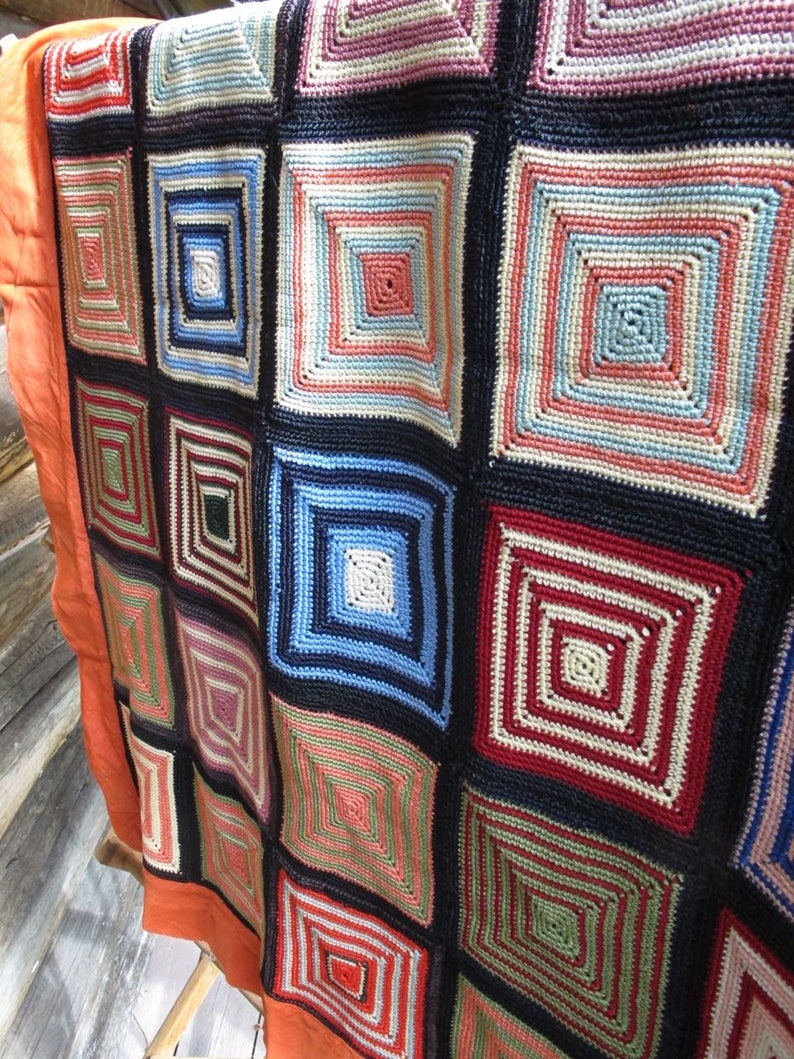 Modernist Crochet Coverlet Mid Century Bauhaus Bedspread Boho Crochet Colorful Blanket Geometric Multi Color 70's Throw Bohemian Decor image 6