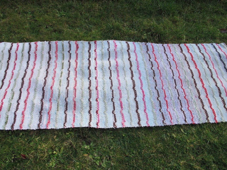 Finnish Rag Runner Rug Hand Woven Vintage Rag Rug Scandinavian Nordic Rug Hall Rug Finland Rug Pink Sage Green Striped Runner Swedish Rug image 4