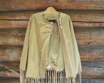 Tan Suede Fringe Poncho Womens Fringe Suede Jacket Camel Suede 60s 70s Leather Poncho Shawl Fashion Tan Suede Boho Hippy