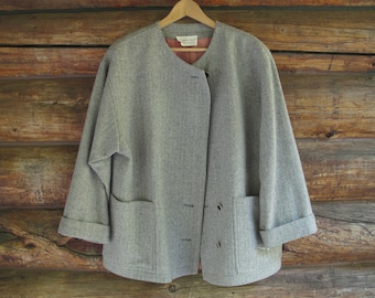 Womens L Short Vintage Wool Coat Herringbone Wool Jacket Shrader Sport Casual 80s Swing Boxy Cape Collarless Coat