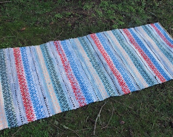 Vintage Runner Rug Scandinavian Rag Rug Red White Blue Finnish Area Rug Striped Runner Rug Farmhouse Decor Multi Colour Entryway Rug Boho