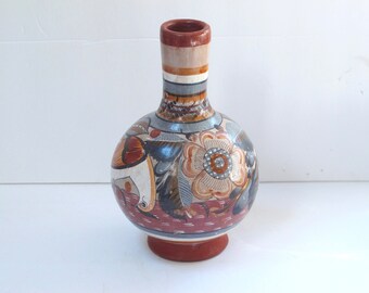 Mexican Pottery Vase Tonala Vase 9" vase Gray Blue Brown Mexico Folk Art Vase Earth Tones Mexican Clay Vase Boho Pottery Vase