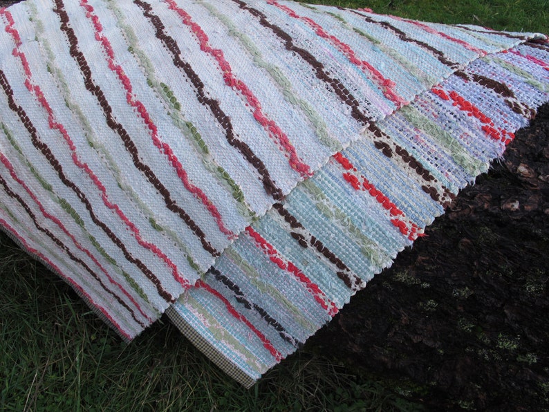 Finnish Rag Runner Rug Hand Woven Vintage Rag Rug Scandinavian Nordic Rug Hall Rug Finland Rug Pink Sage Green Striped Runner Swedish Rug image 8