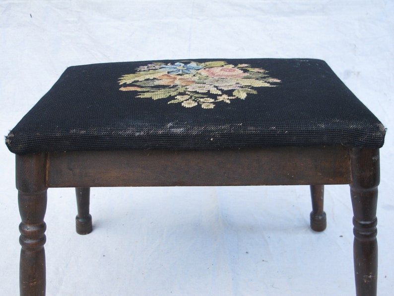 Needlepoint Stool Antique Black Stool Wooden Stool Needlepoint Bench Black Antique Footstool Floral Stool Vanity Stool Victorian Cushion image 8