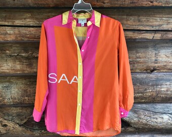 80s vintage silk blouse Isaac mizrahi silk long sleeve shirt unisex oversized boxy button up silk shirt 1980s fashion designer silk shirt