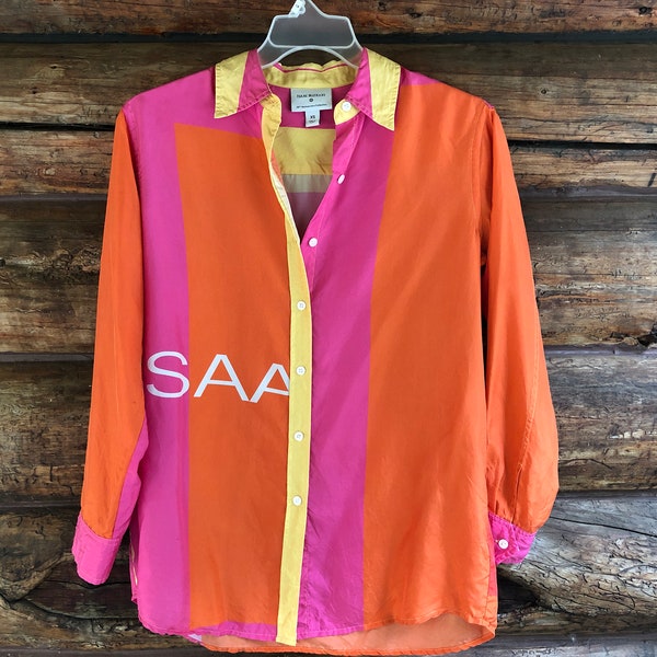 80s vintage silk blouse Isaac mizrahi silk long sleeve shirt unisex oversized boxy button up silk shirt 1980s fashion designer silk shirt