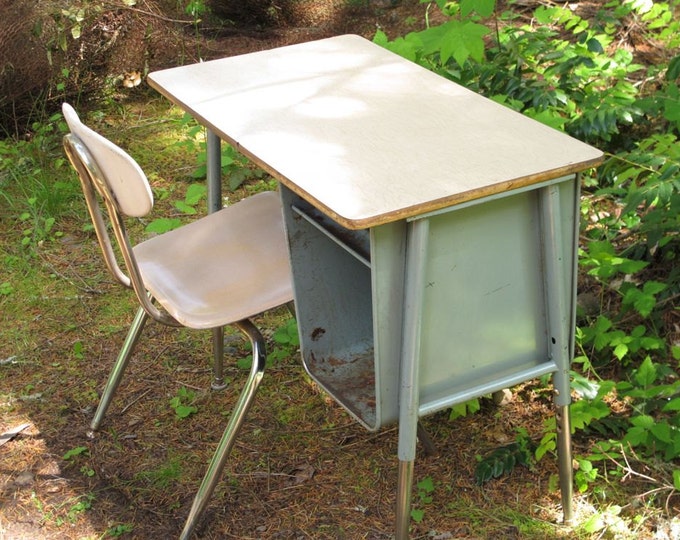 Old Industrial Metal School Desk / Mid Century Teal Blue Childrens Desk