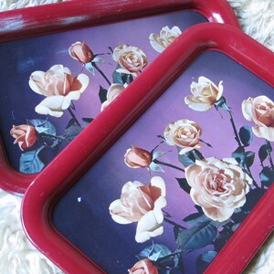 Set/2 Shabby Chic Metal Trays with Roses Country Cottage Decor Tin Metal Tray Roses Motif Wall Decor 1940s Serving Tray Display Tray image 1