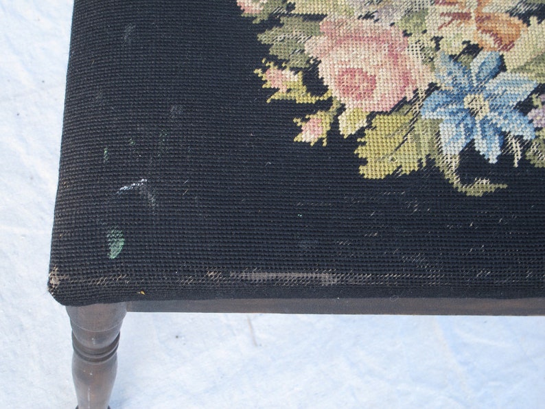 Needlepoint Stool Antique Black Stool Wooden Stool Needlepoint Bench Black Antique Footstool Floral Stool Vanity Stool Victorian Cushion image 5