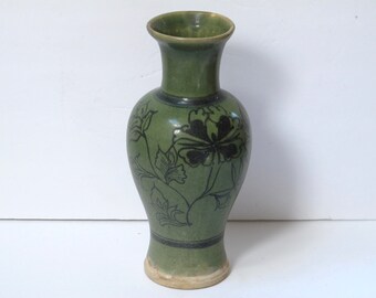 Large Antique Primitive Stoneware Vase Green Ceramic Vase Celadon Vase Crazed Glazed Pottery Vase Lafayette Floral Vase Flowers Green Black