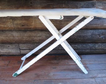 Antique Wooden Ironing Board White Painted Turquoise Chippy Paint Primitive Wood Hall Table Farmhouse Decor Furniture Antique Plant Stand