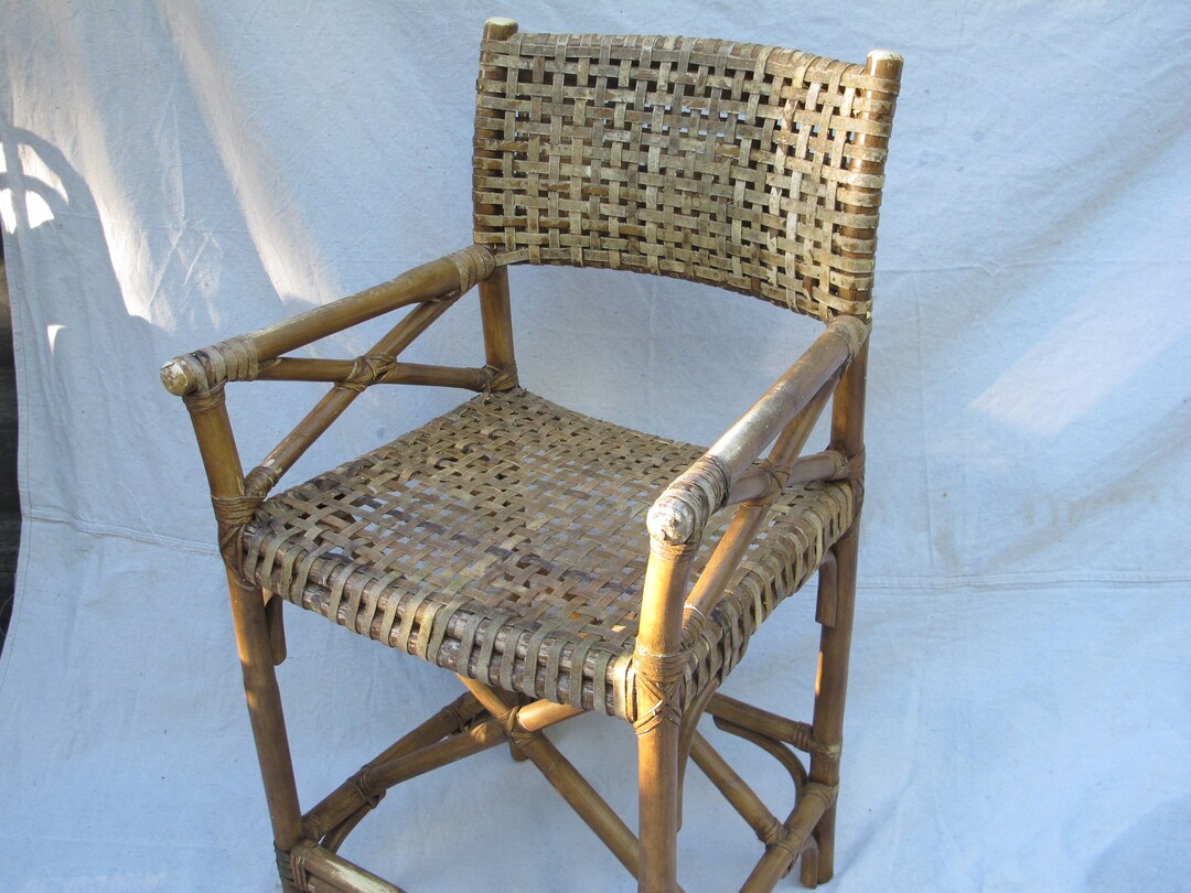 Mid Century Rattan Director's Chair Antique Woven Rawhide Armchair