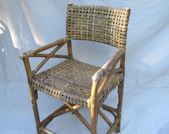 Mid Century Rattan Director's Chair Antique Woven Rawhide armchair Bamboo Counter Height Stool w/Back Rattan Stool Wicker Woven Stool