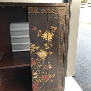 Chinoiserie Furniture Cabinet Hand Painted Asian lacquer cabinet Vintage Chinese ornate cupboard with gold red chrysanthemums media console image 10