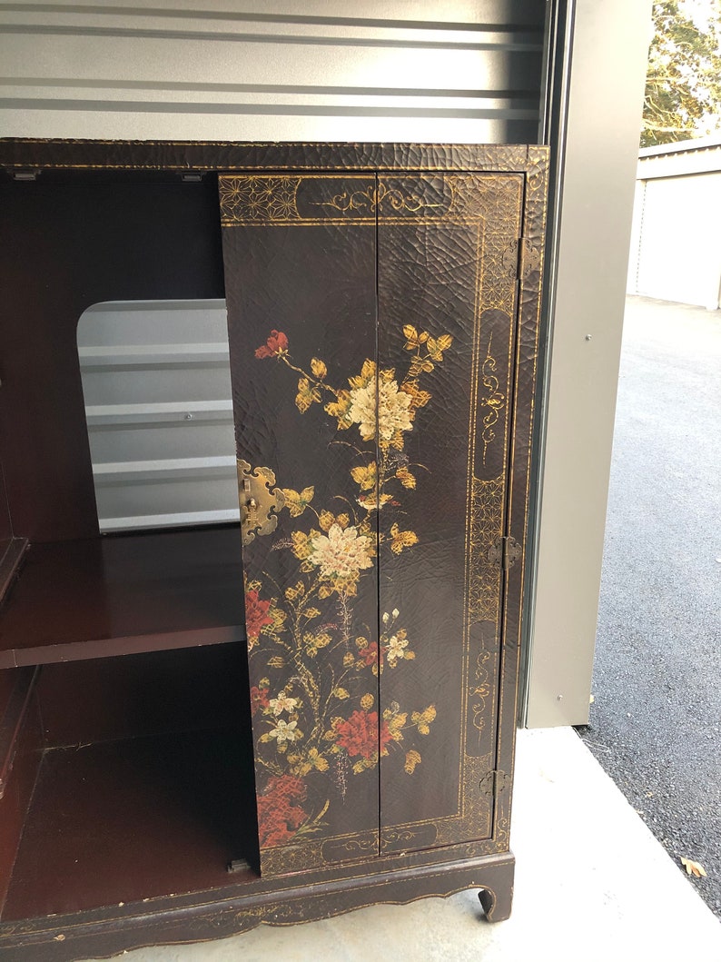 Chinoiserie Furniture Cabinet Hand Painted Asian lacquer cabinet Vintage Chinese ornate cupboard with gold red chrysanthemums media console image 10