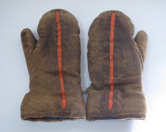 Vintage Leather Mittens Womens Leather Mittens Orange Winter Mitts Unisex Leather Mittens Winter Sports Vintage Winter Mittens Warm Lining