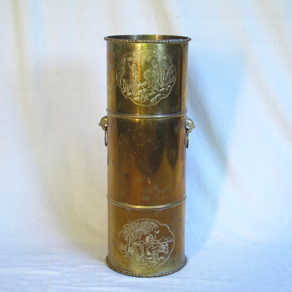 Mid Century Brass Umbrella Stand Asian Umbrella Stand Chinoiserie Brass Tall Floor Vase MCM Umbrella Stand Chinese Brass Tall Round Holder