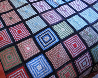 Modernist Crochet Coverlet Mid Century Bauhaus Bedspread Boho Crochet Colorful Blanket Geometric Multi Color 70's Throw Bohemian Decor