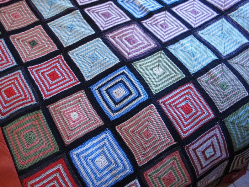 Modernist Crochet Coverlet Mid Century Bauhaus Bedspread Boho Crochet Colorful Blanket Geometric Multi Color 70's Throw Bohemian Decor image 1