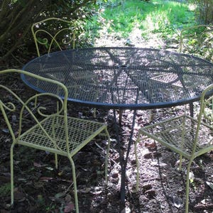 Vintage Patio Set Wire Mesh Outdoor Dining Table and Chairs French Country Shabby Chic Wrought Iron Furniture Metal Dining Set Rusty Metal image 3