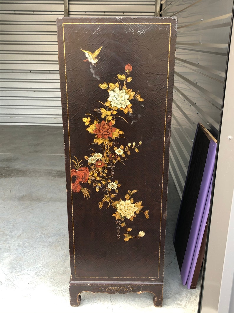 Chinoiserie Furniture Cabinet Hand Painted Asian lacquer cabinet Vintage Chinese ornate cupboard with gold red chrysanthemums media console image 3
